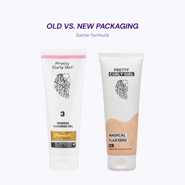 De nieuwe en oude verpakking van Pretty Curly Girl Flaxseed gel dat in 2025 is aangepast
