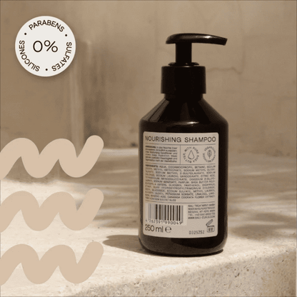 De achterzijde van de Bali Curls Shampoo met linksboven een aantal claims van het product (parabenen vrij, sulfaatvrij en siliconenvrij)