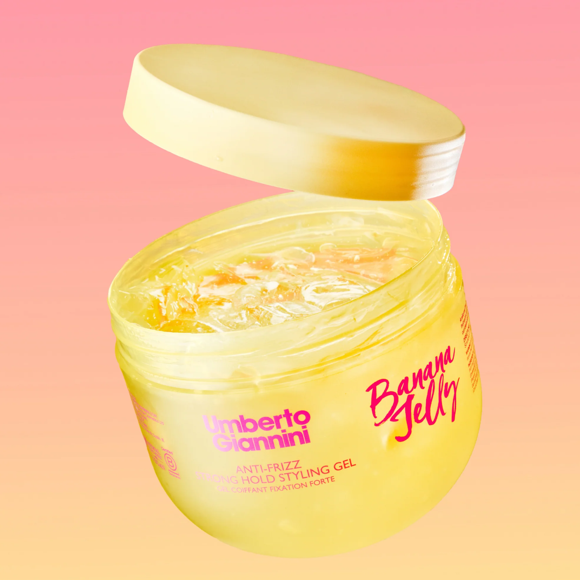Umberto Giannini Banana Jelly Styling Gel 475ml open zodat je de inhoud kan zien