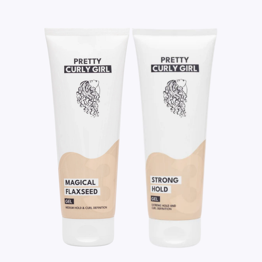 Pretty Curly Girl Strong Hold Set dat bestaat uit de Pretty Curly Girl flaxseed gel en Strong Hold gel